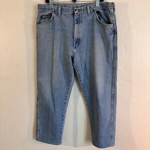 Vintage 90s Wrangler Light Wash Denim Jeans Star Patch Made in USA (Hemmed)